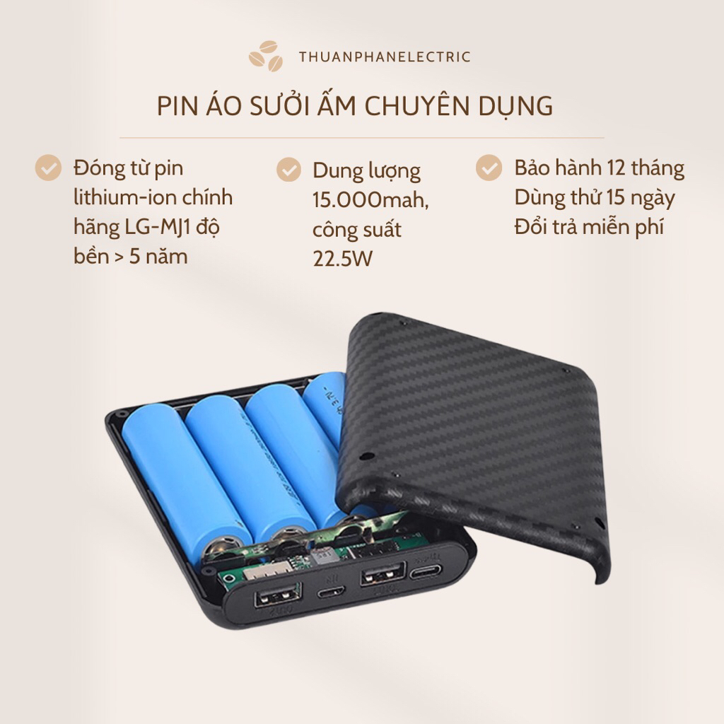 Pin áo sưởi ấm vân carbon, Loại đóng pin viên Lithium-ion xịn, độ bền cao