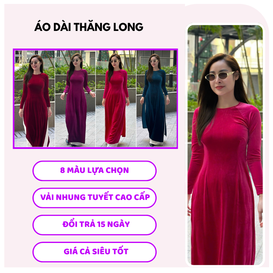 Áo dài truyền thống cổ tròn, Áo dài nhung cho mẹ, chất liệu nhung tuyết cao cấp mềm mịn, áo dài Thăng Long