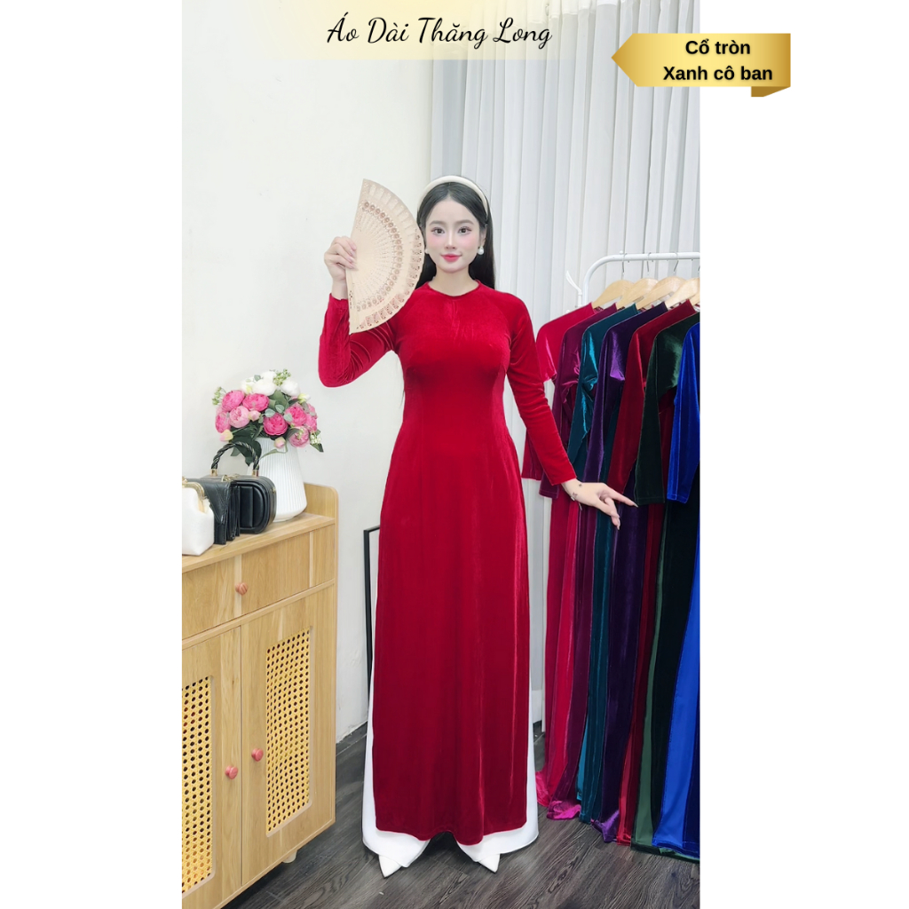 Áo dài truyền thống cổ tròn, Áo dài nhung cho mẹ, chất liệu nhung tuyết cao cấp mềm mịn, áo dài Thăng Long
