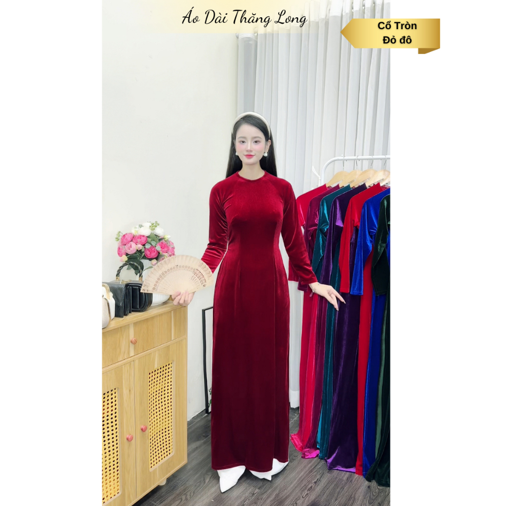 Áo dài truyền thống cổ tròn, Áo dài nhung cho mẹ, chất liệu nhung tuyết cao cấp mềm mịn, áo dài Thăng Long