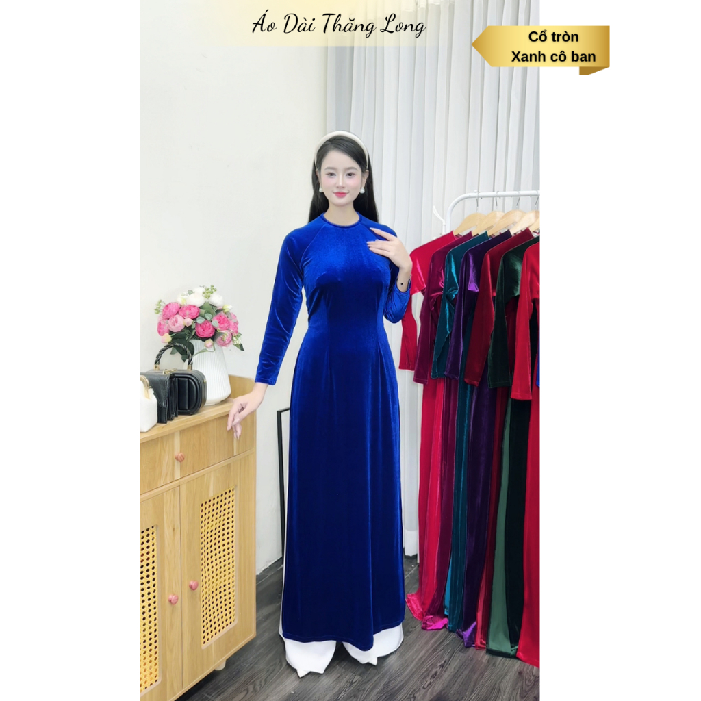 Áo dài truyền thống cổ tròn, Áo dài nhung cho mẹ, chất liệu nhung tuyết cao cấp mềm mịn, áo dài Thăng Long