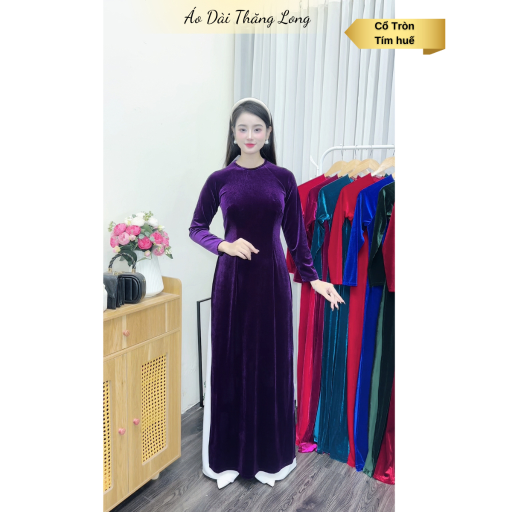 Áo dài truyền thống cổ tròn, Áo dài nhung cho mẹ, chất liệu nhung tuyết cao cấp mềm mịn, áo dài Thăng Long