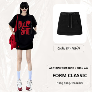 Set Bộ Áo Thun Nữ CHEPOL Form Rộng, Cổ Tròn, Phối Chân Váy, In Trái Tim, Chất Cotton (Áo Thun Đen+Chân Váy Ngắn)CP_x6425