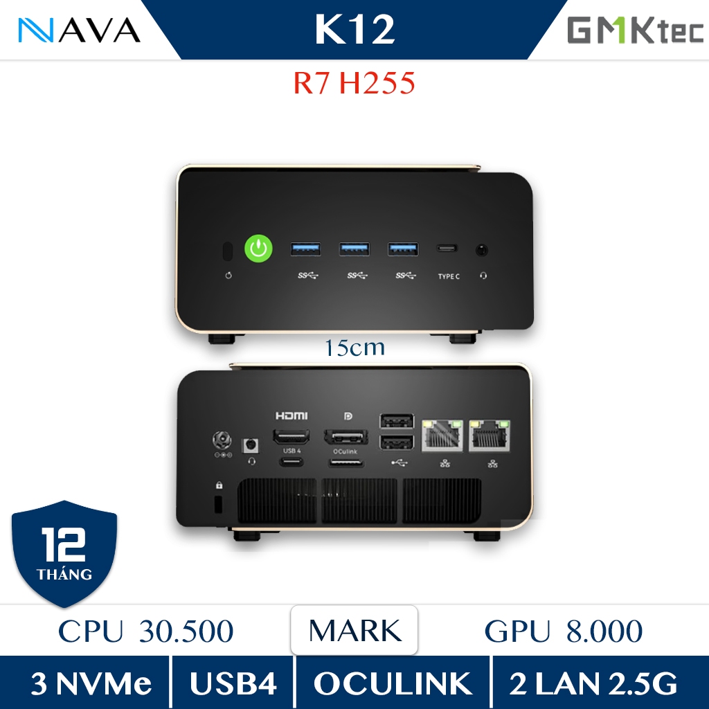 Mini PC GMKtec K12 Ryzen 7 H255 - 8 nhân 16 luồng DDR5 NVMe 4 | GPU Radeon 780M | USB4 & OCuLink
