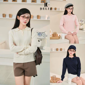 DELIZ - Áo len dài tay cổ bẻ phối cúc kiểu polo dáng trơn basic chất len lông thỏ dày ấm áp AL73