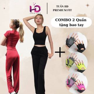 Combo 2 Quần Ống Loe Nữ TUẤN HD QCP Tặng Bao Tay Gym - Quần Cạp Cao Tập Gym Yoga Hack Dáng Thun Poly