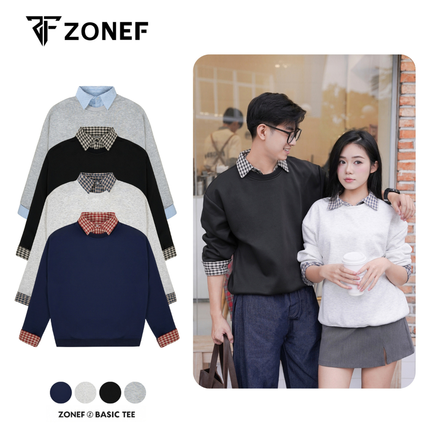 Áo Sweater Tay Dài Phối Sơ Mi Kẻ Caro Zonef Studio Chất Nỉ 2 Da, Áo Nỉ ...