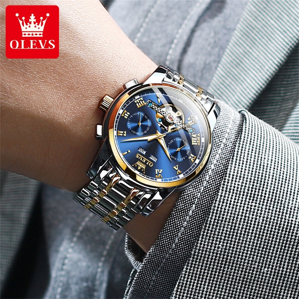 OLEVS Đồng hồ cơ Nam Chính hãng dây đeo bằng thép không gỉ Lịch Chống nước Đa chức năng Quà 6607