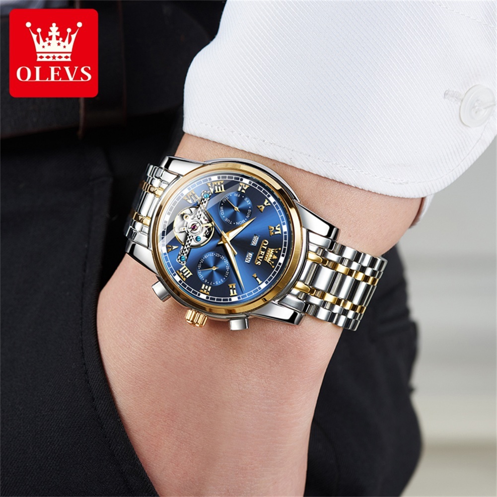 OLEVS Đồng hồ cơ Nam Chính hãng dây đeo bằng thép không gỉ Lịch Chống nước Đa chức năng Quà 6607