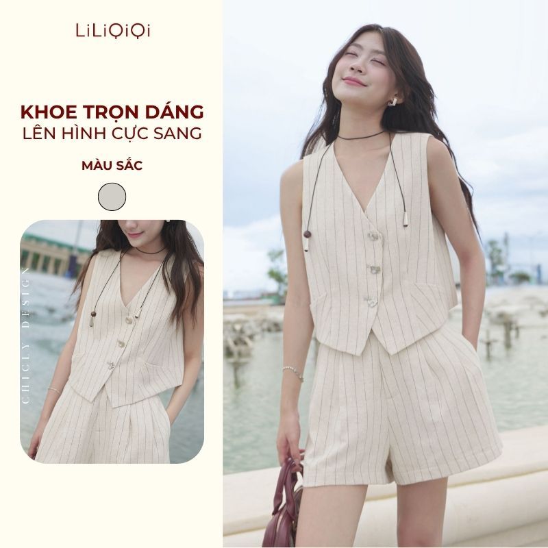 Set áo jile họa tiết  mix quần đùi nữ thiết kế trẻ trung mặc đi chơi LiLiQiQi by LeeGi - AQ999