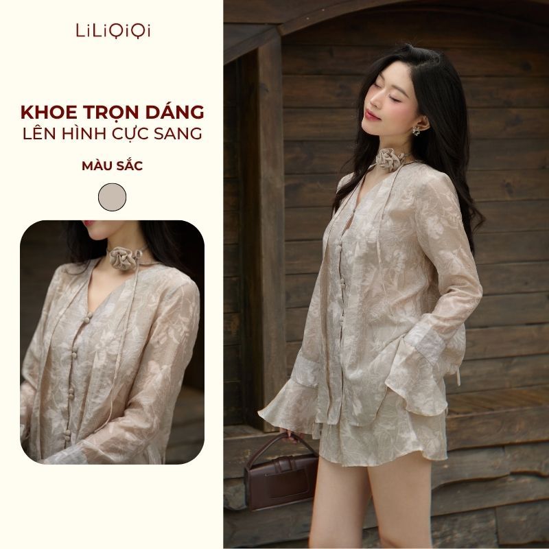 Set Đồ Nữ Sang Chảnh Áo Tơ Tay Bèo Họa Tiết Mix Quần Kèm Choker Hoa LiLiQiQi By LeeGi - AQ855