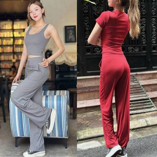 Combo 2 Quần Ống Loe Nữ TUẤN HD QCP Tặng Bao Tay Gym - Quần Cạp Cao Tập Gym Yoga Hack Dáng Thun Poly