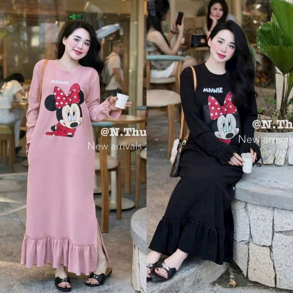 Váy dài đuôi cá suông rộng dài tay không cổ chất nỉ dày dặn ấm áp họa tiết chuột Mickey T1428G