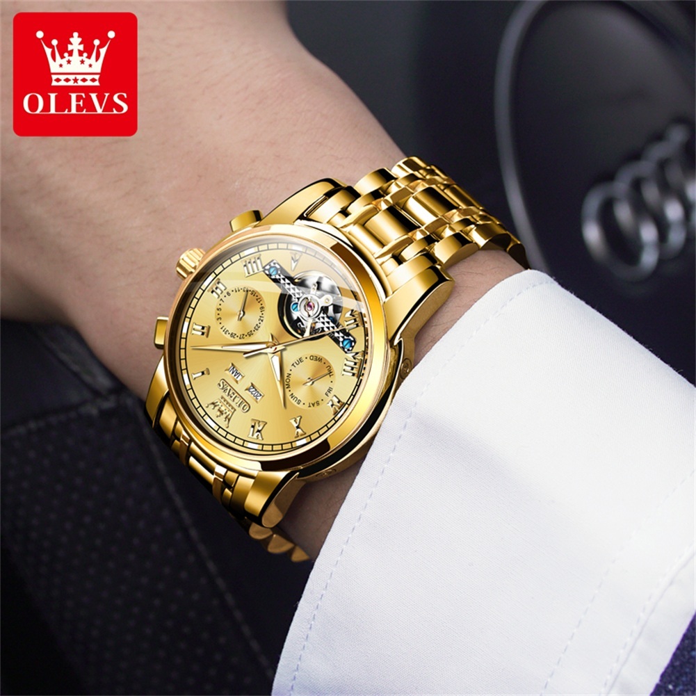 OLEVS Đồng hồ cơ Nam Chính hãng dây đeo bằng thép không gỉ Lịch Quà Chống nước Đa chức năng 6607
