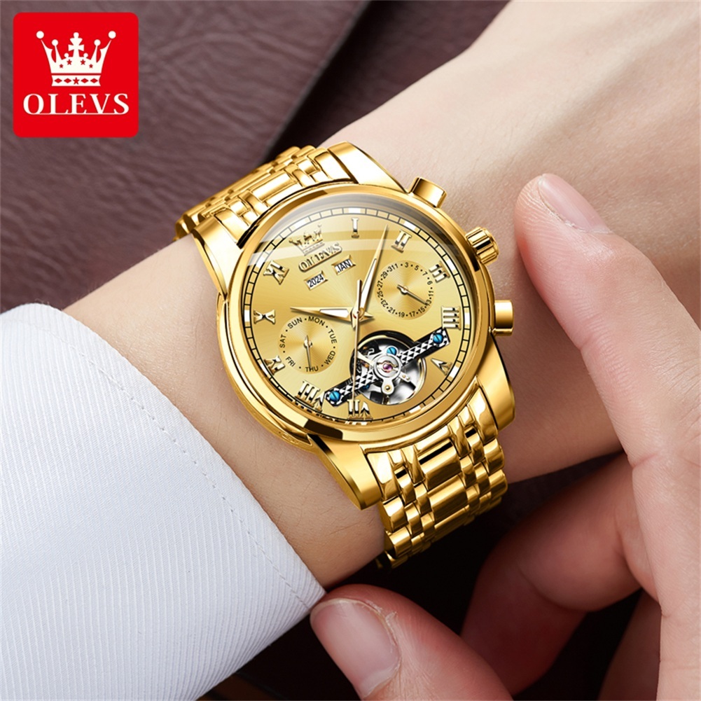 OLEVS Đồng hồ cơ Nam Chính hãng dây đeo bằng thép không gỉ Lịch Quà Chống nước Đa chức năng 6607