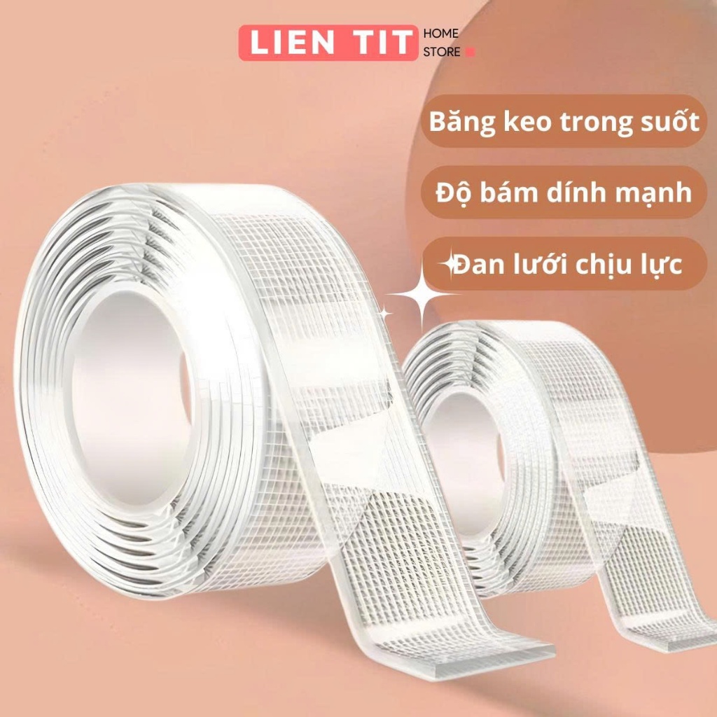Băng Dính Nano 2 Mặt Đan Lưới Dễ Tháo Gỡ, Băng Keo 2 Mặt Trong Suốt Sợi Thủy Tinh Siêu Dính