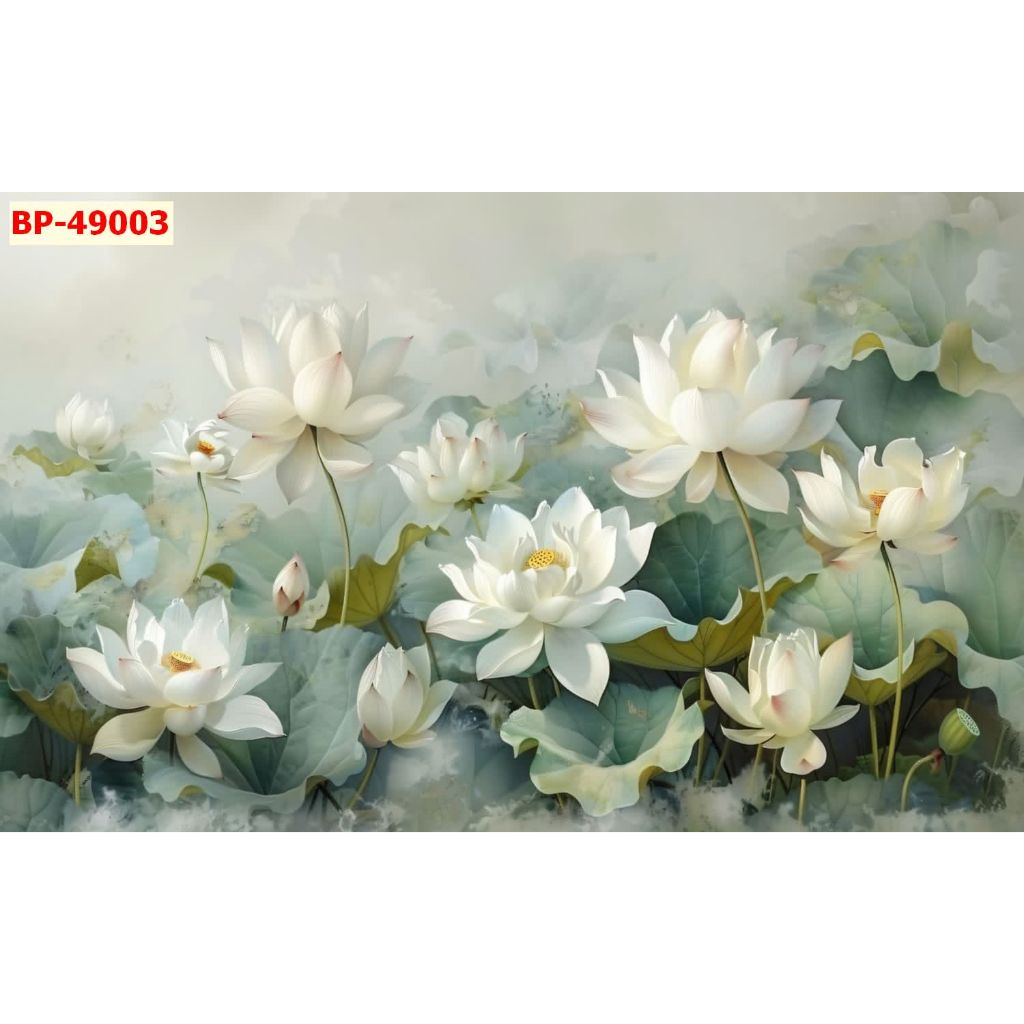 Tranh Lụa dán tường 3D Hoa sen thiết kế AI mới trang trí phòng khách, phòng ngủ, tranh khổ lớn LL