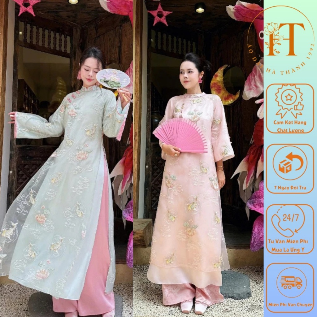 Áo dài cách tân TƯƠNG TƯ dáng suông vải tơ thêu chỉ nổi họa tiết Sen Ngư mặc đi lễ tết, cưới hỏi