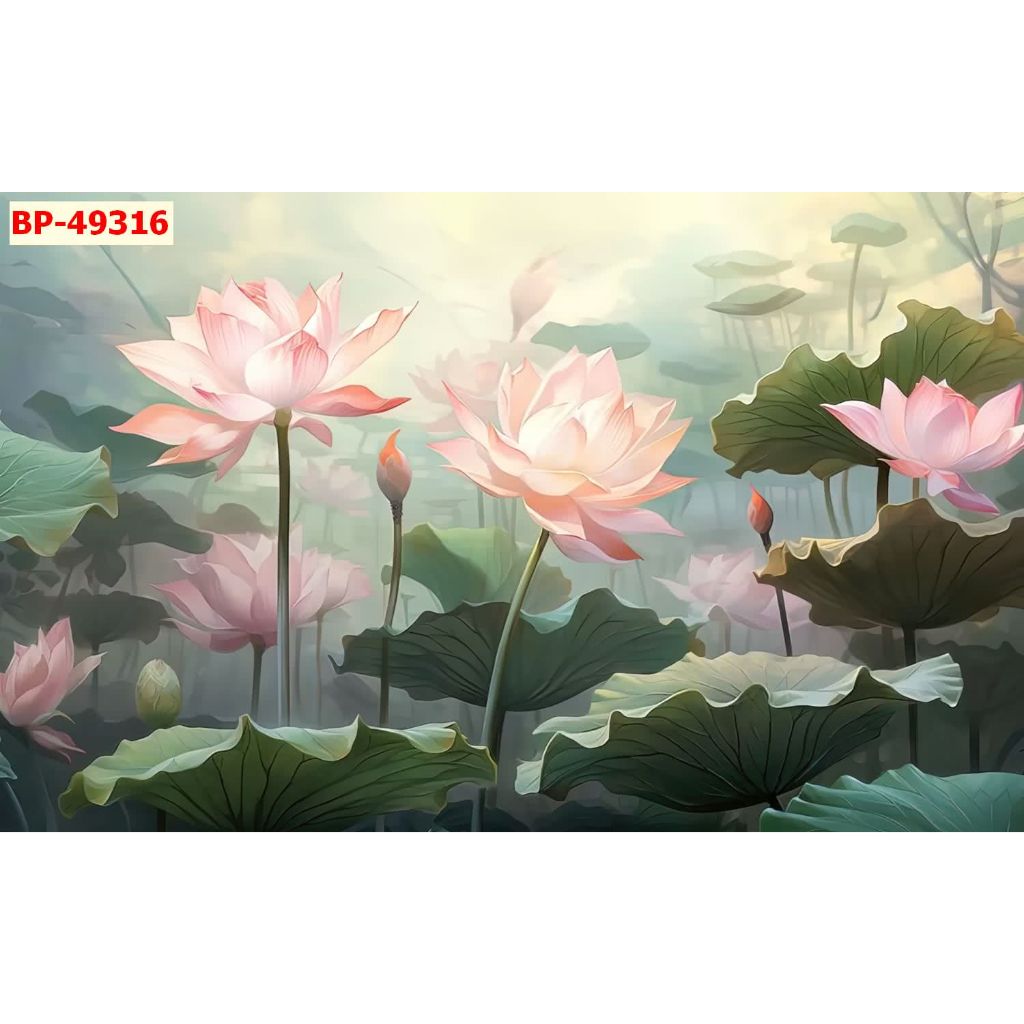Tranh Lụa dán tường 3D Hoa sen thiết kế AI mới trang trí phòng khách, phòng ngủ, tranh khổ lớn LL