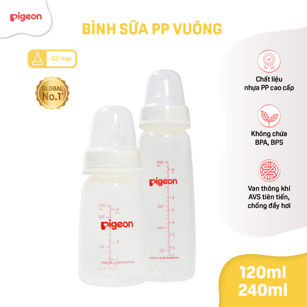 Bình sữa Pigeon cổ hẹp PP núm ti siêu mềm chống sặc chống đầy hơi cho bé sơ sinh chính hãng