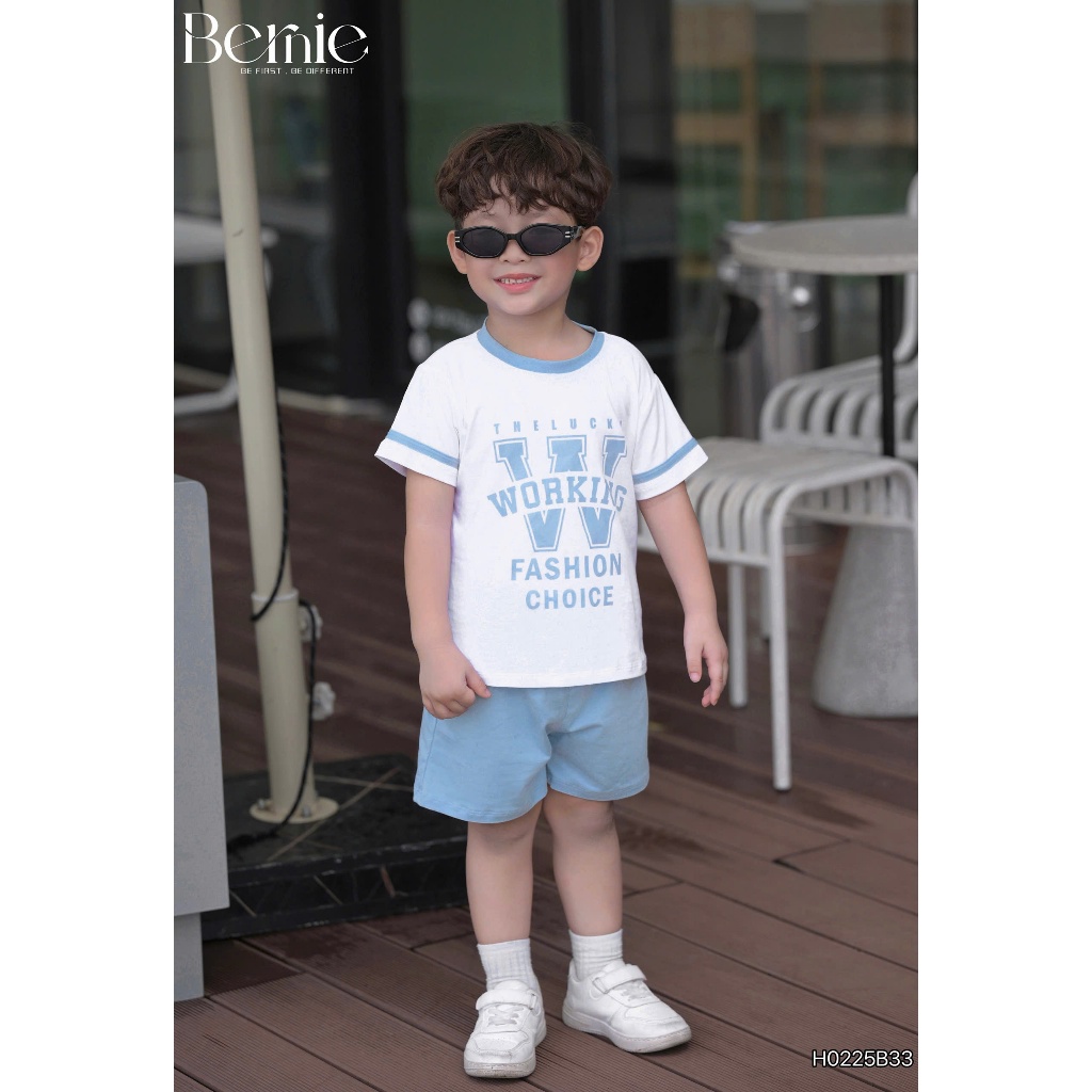 Set cotton cộc tay Bernie họa tiết in chữ Working phong cách thể thao cho bé trai 9-24kg