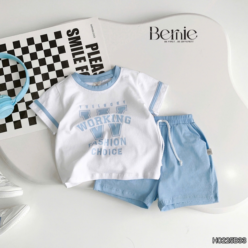 Set cotton cộc tay Bernie họa tiết in chữ Working phong cách thể thao cho bé trai 9-24kg