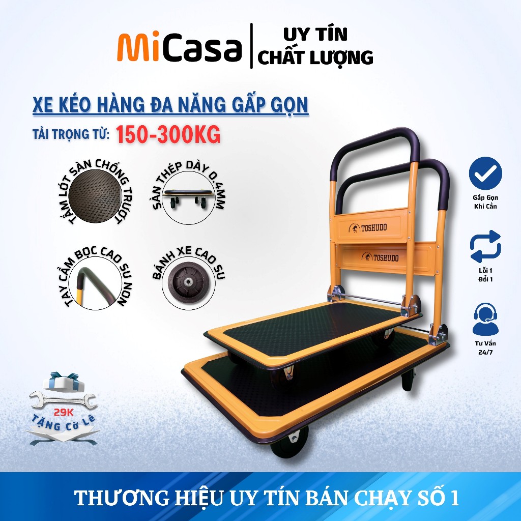 Xe Đẩy Tay 4 Bánh Cao Su Chống Ồn Gấp Gọn Đa Năng Tải trọng Lớn 150KG Mặt sàn sắt