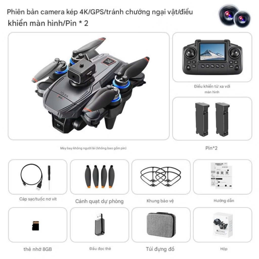 Flycam K812 Pro Max, Máy Bay Điều Khiển Có Tay Cầm Màn Hình, Drone Định Vị GPS Tự Động Quay Về
