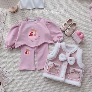 Quần áo trẻ em, Bộ nỉ thu đông bé gái màu hồng tím họa tiết gấu dễ thương 9-26kg S2059 | Tiểu Yến KIDS