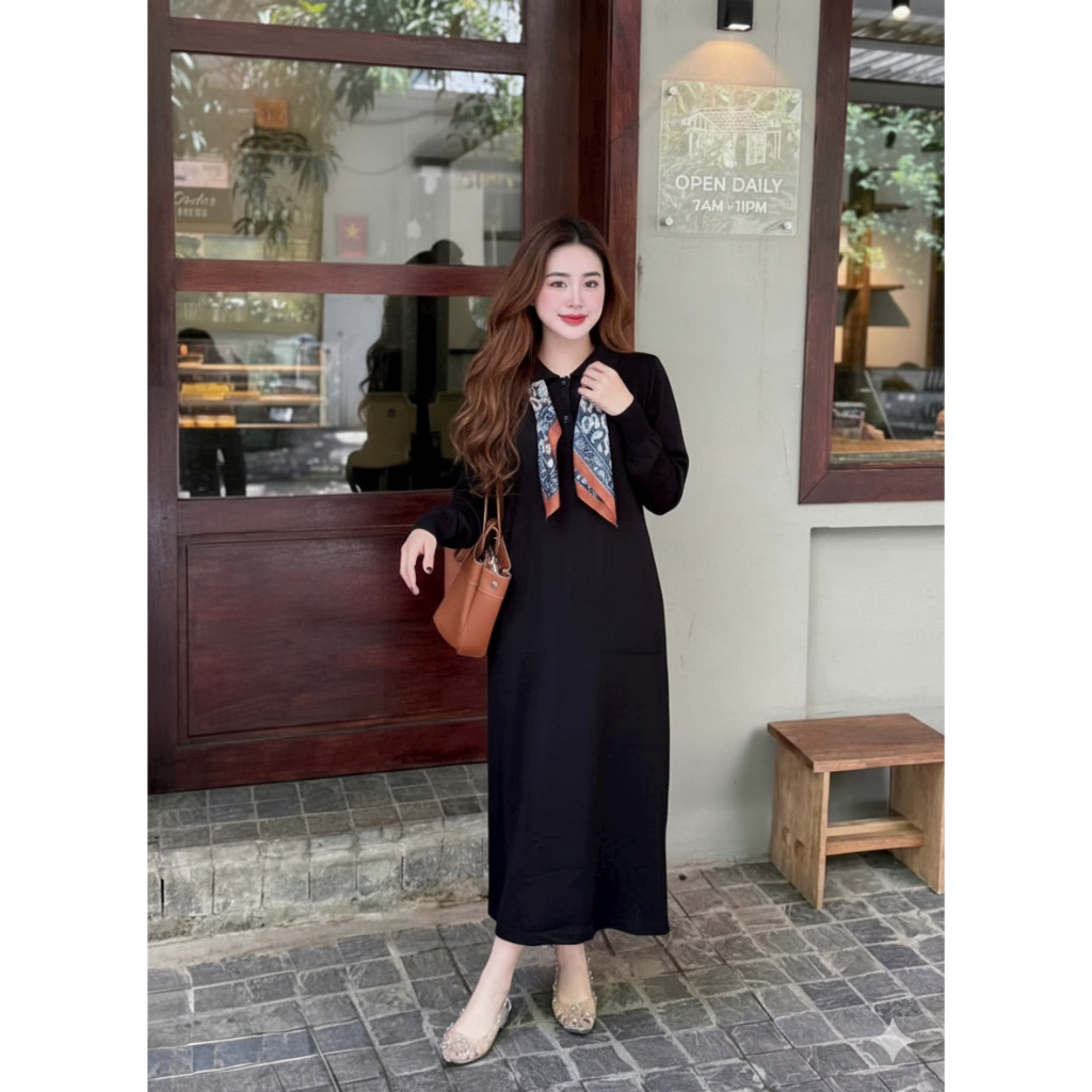 Váy polo dáng dài maxi kèm khăn lụa form rộng bầu dài tay thu đông thanh lịch cổ bẻ bigsize xinh T1429G