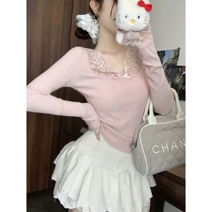 Áo len dài taY phối ren ôm body hồng be pastel thu đông Áo kiểu nữ tiểu thư bánh bèo nhẹ nhàng T1413G