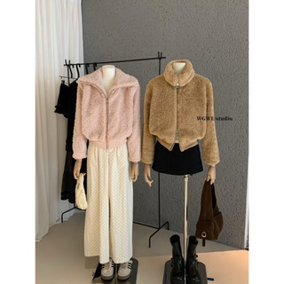 𝐏𝐡𝐢𝐞𝐧 | (Sẵn Hồng) W7938 Áo Khoác Lông Cổ Đứng Form Rộng 3 Màu Trơn