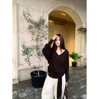 𝐏𝐡𝐢𝐞𝐧 | (Sẵn Nâu,Đen) W7895 Áo Len Cổ V Cánh Dơi Dây Buộc Eo Trơn 3 Màu