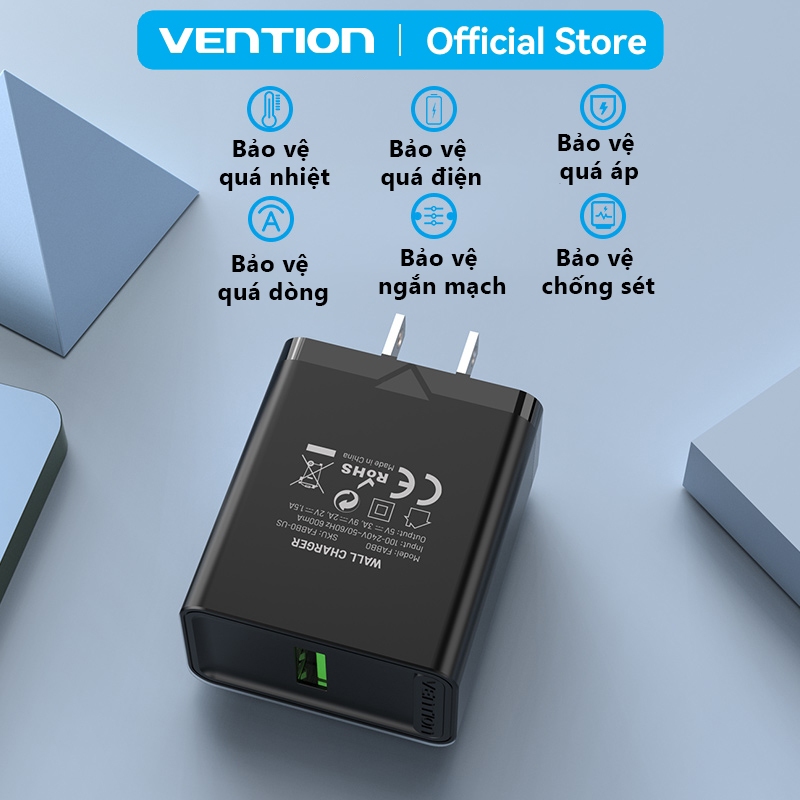 Củ Sạc Nhanh Chính Hãng Vention 18W Cốc Sạc USB Chống Cháy Nổ Dùng Cho Samsung, Xiaomi và Các Dòng Điện Thoại Khác