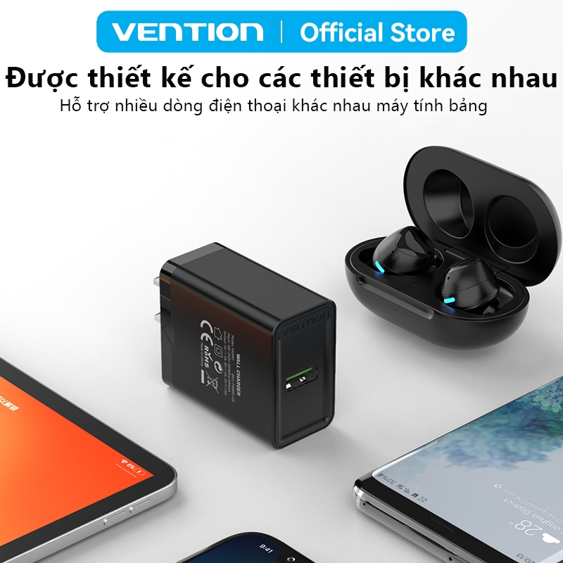 Củ Sạc Nhanh Chính Hãng Vention 18W Cốc Sạc USB Chống Cháy Nổ Dùng Cho Samsung, Xiaomi và Các Dòng Điện Thoại Khác