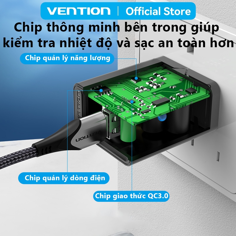 Củ Sạc Nhanh Chính Hãng Vention 18W Cốc Sạc USB Chống Cháy Nổ Dùng Cho Samsung, Xiaomi và Các Dòng Điện Thoại Khác
