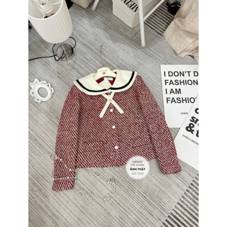 [A0.271] Áo Dạ Tweed Đỏ Phối Cổ Sen Trắng Kèm Nơ Đá Hàng 2 Lớp Dày Dặn (có đệm vai)