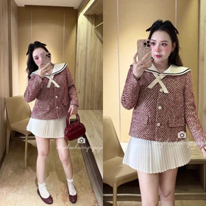 Áo Dạ Tweed Đỏ Phối Cổ Sen Trắng Kèm Nơ Đá Hàng 2 Lớp Dày Dặn (có đệm vai)