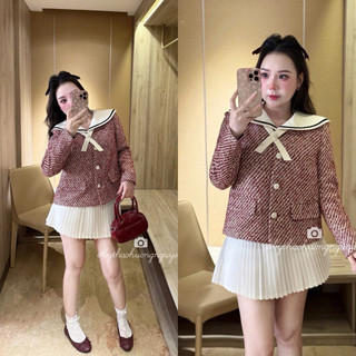 [A0.271] Áo Dạ Tweed Đỏ Phối Cổ Sen Trắng Kèm Nơ Đá Hàng 2 Lớp Dày Dặn (có đệm vai)