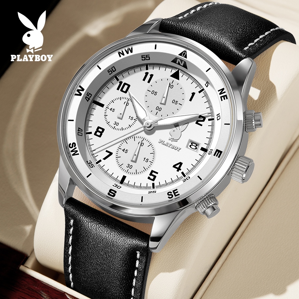 PLAYBOY Đồng hồ Nam Dây da thạch anh chính hãng có lịch và chức năng chronograph chống nước Quà 3303