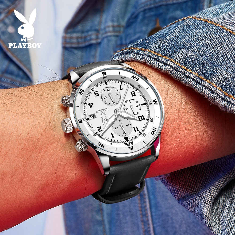 PLAYBOY Đồng hồ Nam Dây da thạch anh chính hãng có lịch và chức năng chronograph chống nước Quà 3303