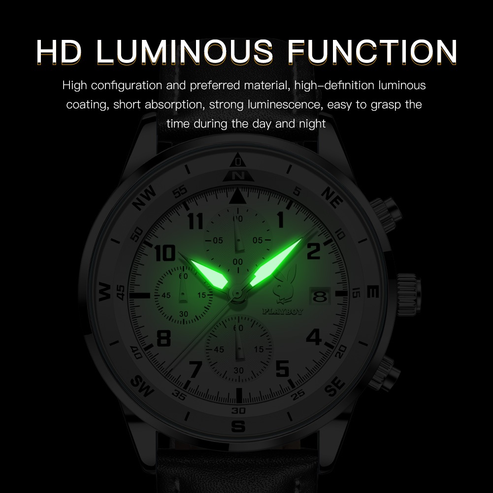 PLAYBOY Đồng hồ Nam Dây da thạch anh chính hãng có lịch và chức năng chronograph chống nước Quà 3303
