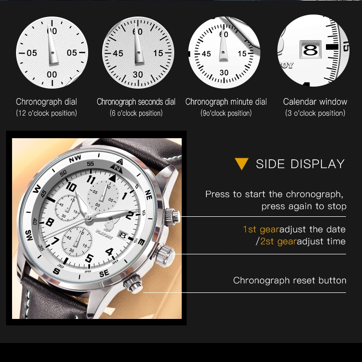 PLAYBOY Đồng hồ Nam Dây da thạch anh chính hãng có lịch và chức năng chronograph chống nước Quà 3303