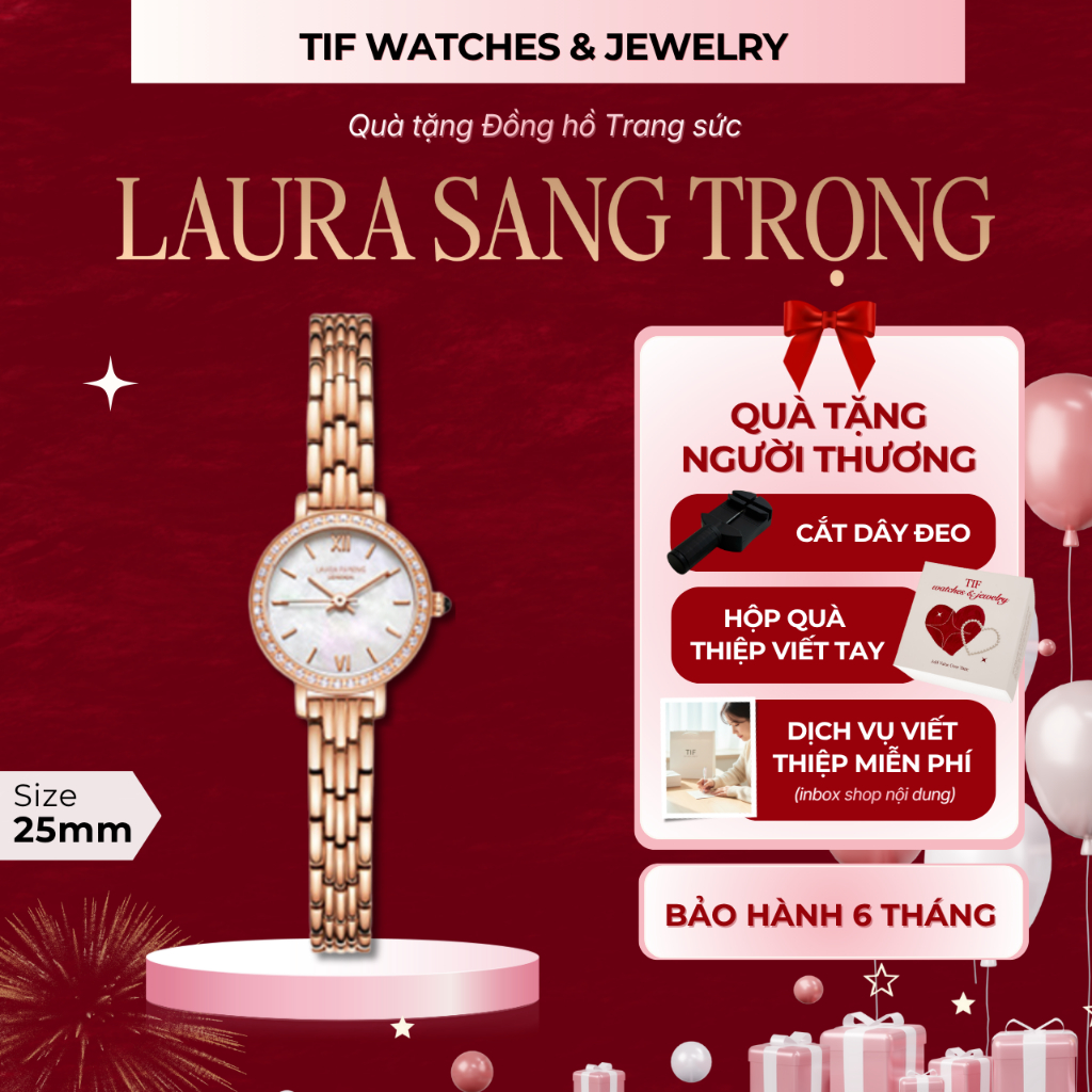 Đồng hồ Đính Đá Khảm Ngọc Trai Cao Cấp LAURA Rose Tif Watches Thời Trang Sang Trọng Quà Sinh Nhật