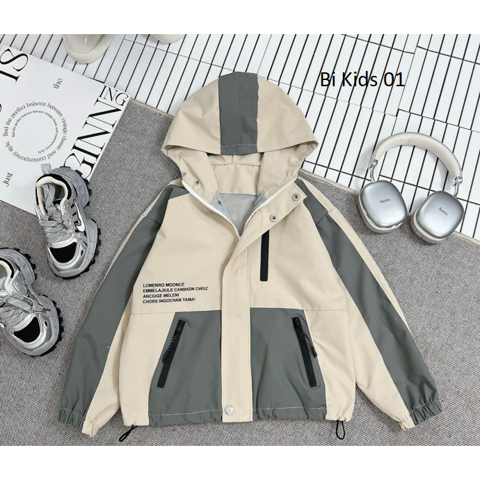 {SIZE 12-55kg} ÁO KHOÁC GIÓ CAO CẤP BÉ TRAI 2 LỚP PHONG CÁCH THỂ THAO , CÁ TÍNH. Màu BE XÁM