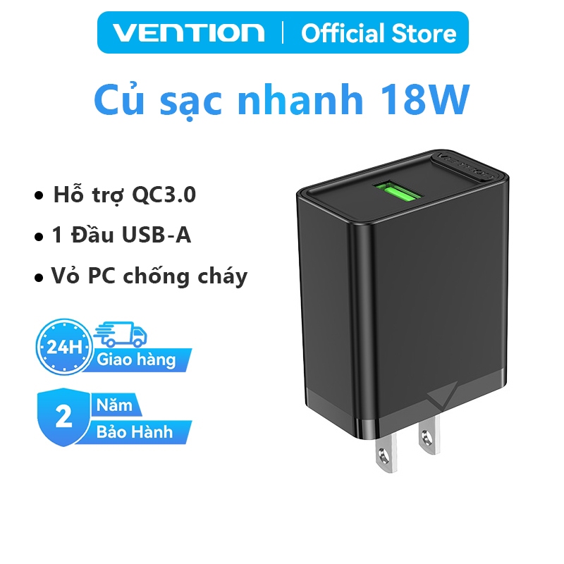 Củ Sạc Nhanh Chính Hãng Vention 18W Cốc Sạc USB Chống Cháy Nổ Dùng Cho Samsung, Xiaomi và Các Dòng Điện Thoại Khác