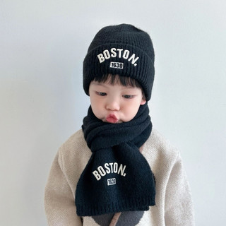 Set mũ + khăn len thêu chữ Boston cho bé từ 2-8 tuổi