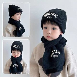 Set mũ + khăn len thêu chữ Boston cho bé từ 2-8 tuổi