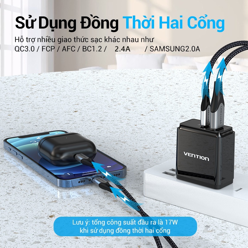 Củ Sạc Nhanh Vention 2 Cổng USB 18W Cốc Sạc USB-A Chống Cháy Nổ Dùng Cho Samsung, Xiaomi và Các Dòng Điện Thoại Khác
