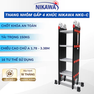 Thang nhôm gấp 4 đoạn NIKAWA NKG-C chân vuông chiều cao 1,7m -3,3m, bảo hành chính hãng 18 tháng